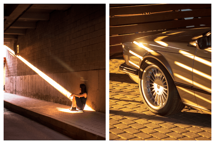 A diptych of a sunbeam in an underpass shining on a person sitting and the front of a parked car with sunlight and shadows