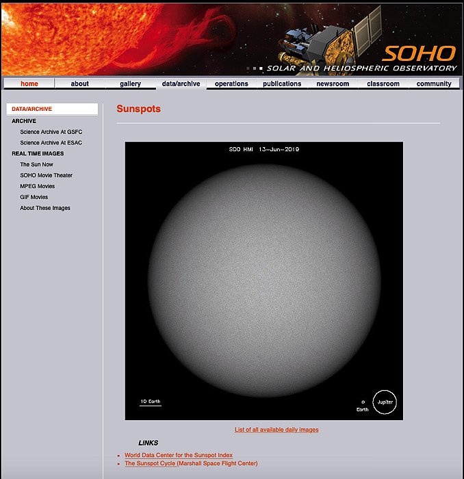 screenshot from the website of the SOHO Nasa mission - solar photography tips