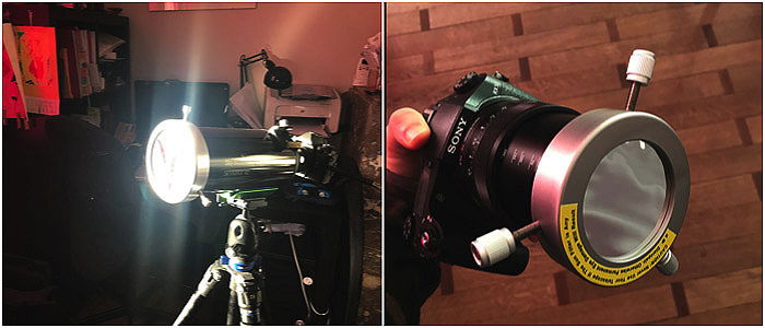 solar filters mounted to a DSLR using thumb screws pushing on the lens or telescope body