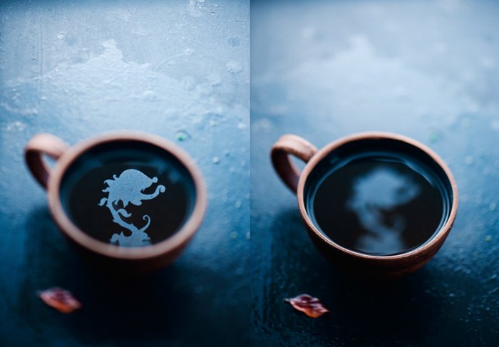 a creative still life diptych featuring flower shaped reflections in a coffee cup