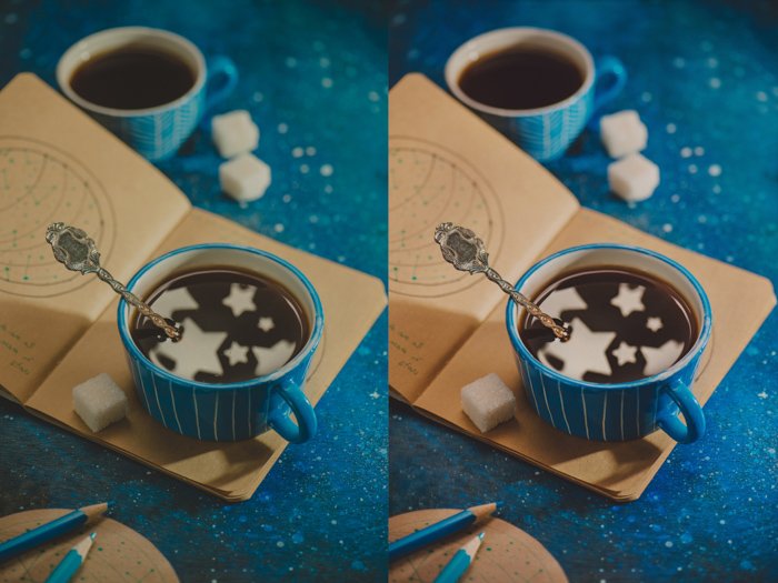 a creative still life diptych featuring star shaped reflections in a coffee cup