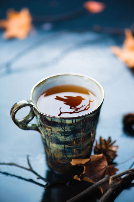 the silhouette of a blackbird as a reflection in a coffee cup