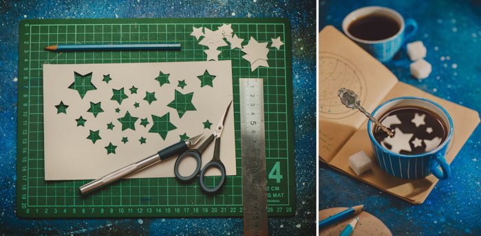 a triptych photo of cut out silhouettes of stars in a piece of paper on a cutting mat, plus the resulting photo of star shaped reflections in a coffee cup