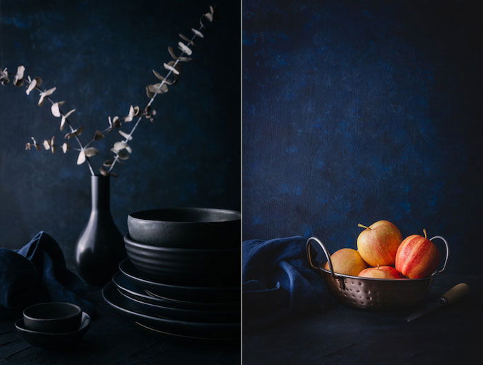 a diptych of dark and moody food photography