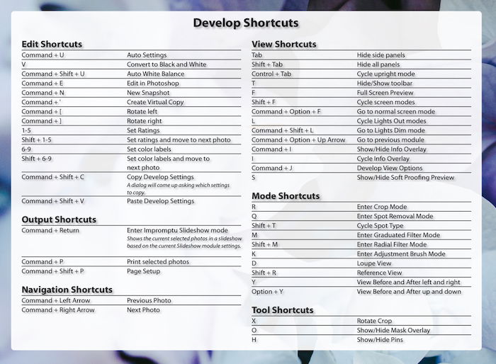 a screenshot showing how to check develop shortcuts on Lightroom