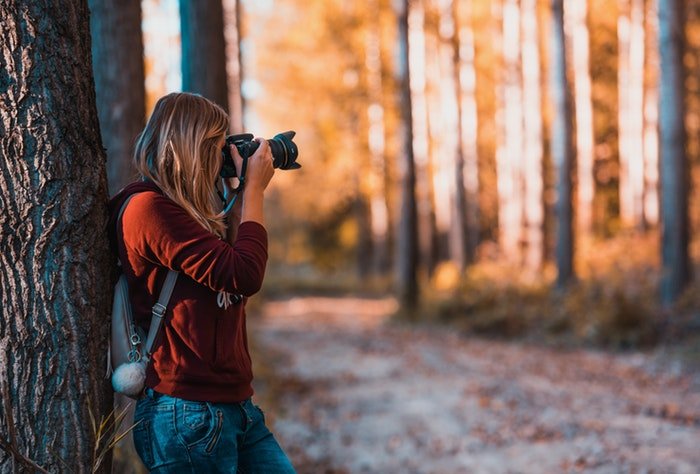 a female photographer shooting in a forest 