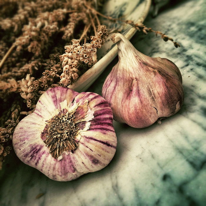 a rustic still life of garlic and dried flowers - symbolism in photography