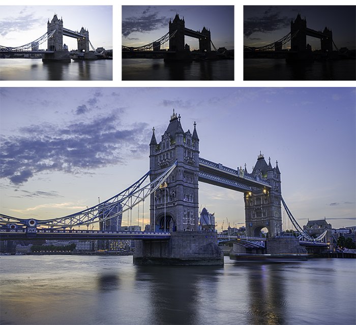 Four photo grid of a city bridge , enhanced with free hdr software 