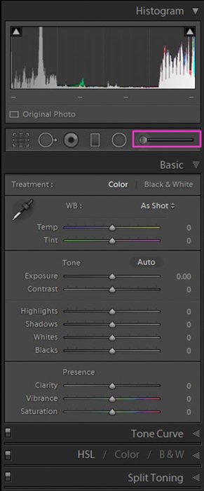 A screenshot showing how to find the Lightroom Adjustment Brush Tool