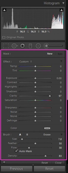 A screenshot showing how to find the Lightroom Adjustment Brush Tool