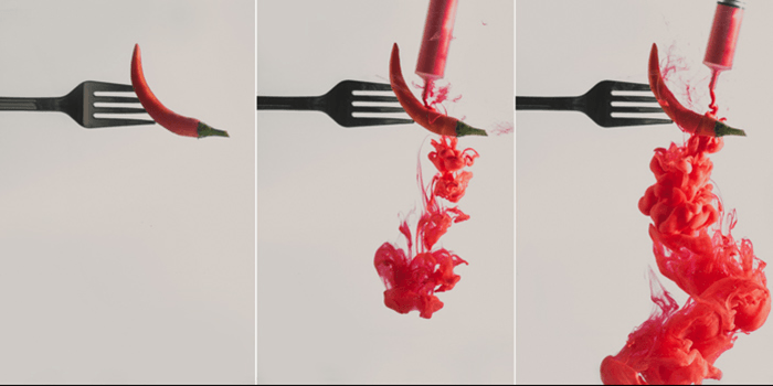 A triptych of a chili pepper on a fork setup and pouring red acrylic to shoot colorful paint in water photography