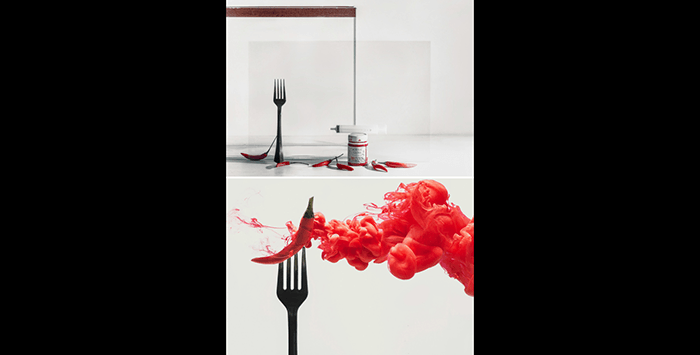 A diptych of setup shot and a chili on a fork with a red cloud using colorful paint in water photography technique