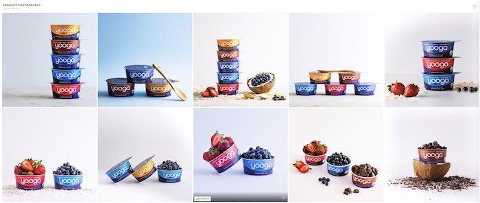 10 photo grid showing different compositions for yoghurt product composition