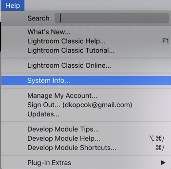 a screenshot showing how to check system info on Lightroom