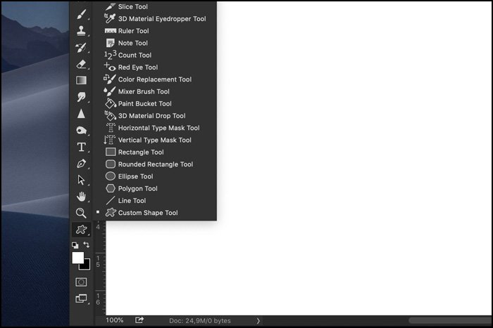 A screenshot showing how to select the Custom Shape tool in Photoshop