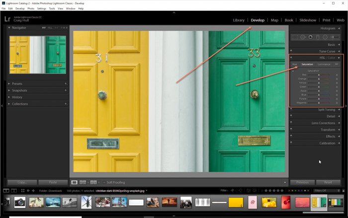 A screenshot showing how to use the saturation adjustment panel in Lightroom HSL 