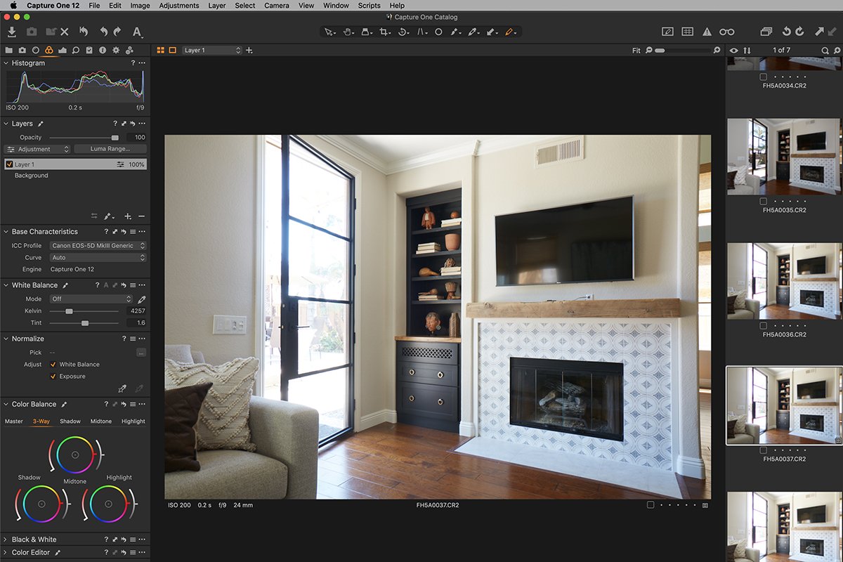 Screenshot of Capture One software editing a living room interior shot for a photography tutorial