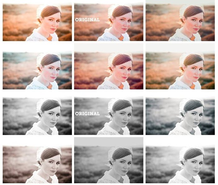 A montage of the same photo of a woman in different lightroom presets, super preset sample pack