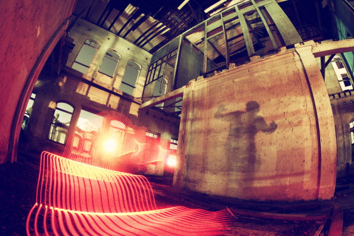 Photo with the use of light painting technique inside an abandoned building