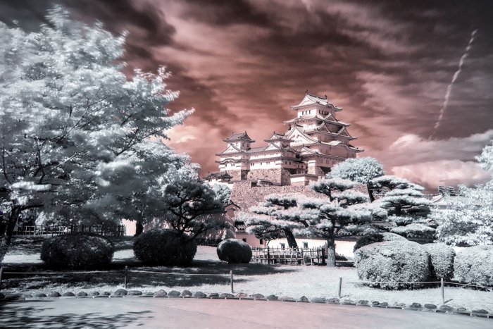 Photo of a landscape and an Asian-style temple in infra-red