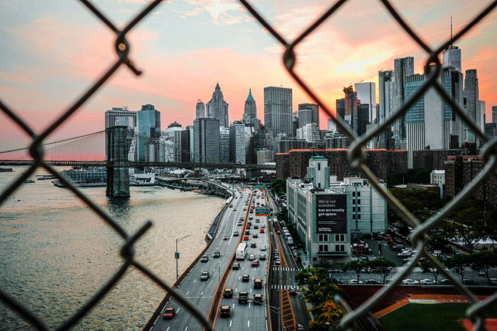 Photo of a cityscape at sunset