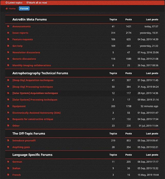 A screenshot of the AstroBin website forum and public group