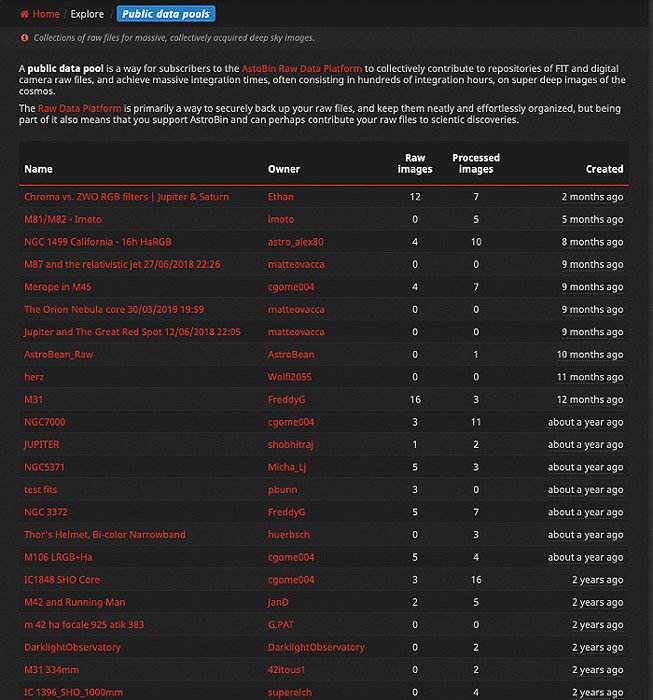 A screenshot of the AstroBin website public data pools