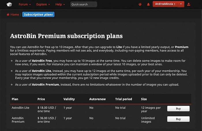 A screenshot of the AstroBin website subscription plan