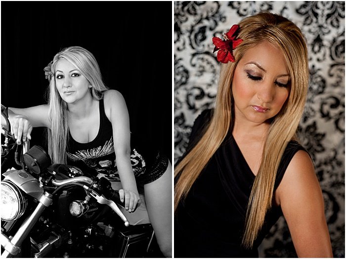 Boudoir photography ideas of a woman on a motorbike and standing against a floral background with a flower in her hair