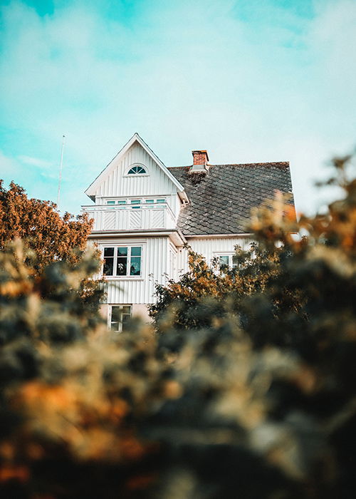 Photo of a house with bushes in the foreground