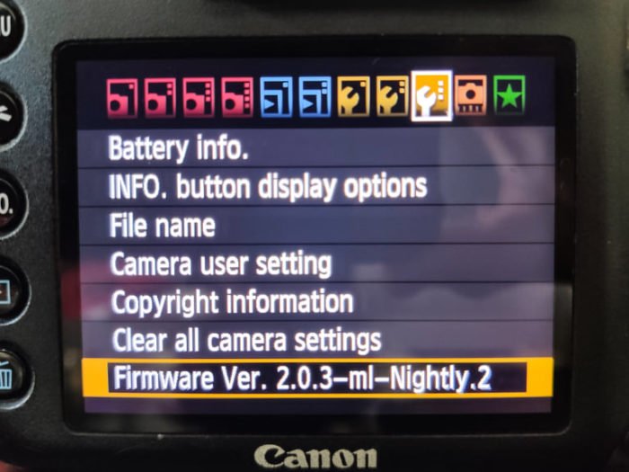 Magic Lantern settings on a Canon DSLR settings screen