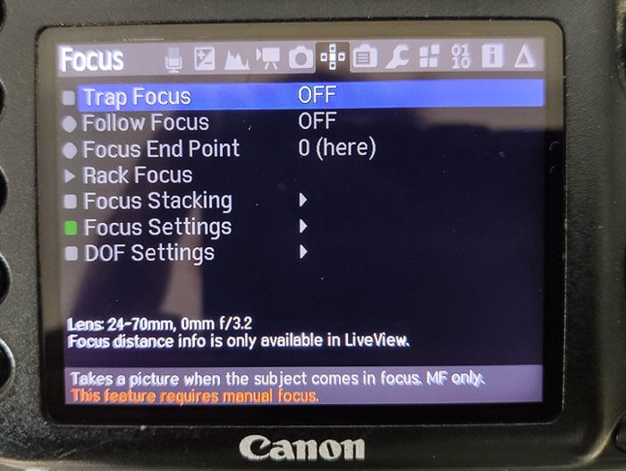 a Canon DSLR screen choosing magic lantern settings