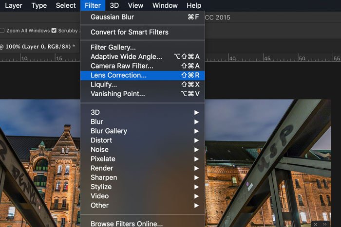 Screenshot of how to select Photoshop lens correction