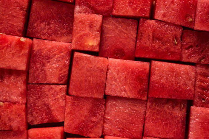 Macro photo of red watermelon cubes