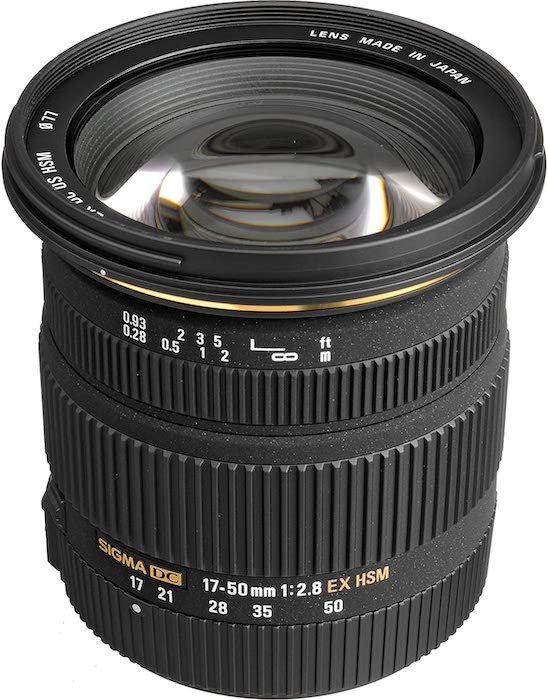 Sigma 17-50mm f/2.8 EX DC OS HSM FLD large aperture standard zoom showing Sigma lens abbreviations