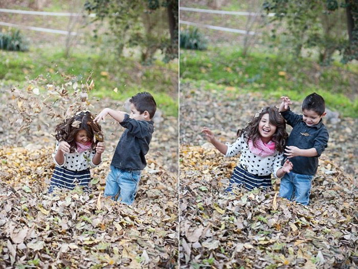 diptych portrait of two kids playing in leaves demonstrating good ways to photograph unruly children