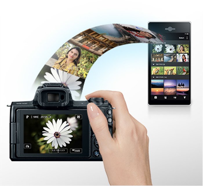 Illustration of photos transferring from camera to smartphone 