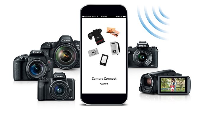 A smartphone with the camera connect app on the screen and various camera types around it 