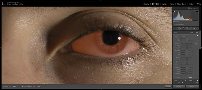 a screenshot showing how to enhance eyes in Lightroom 
