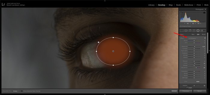 a screenshot showing how to enhance eyes in Lightroom 