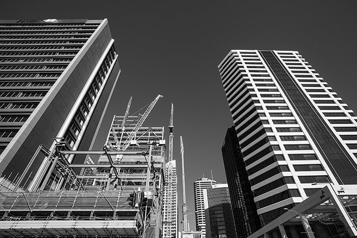 Black and white photo of skyscrapers