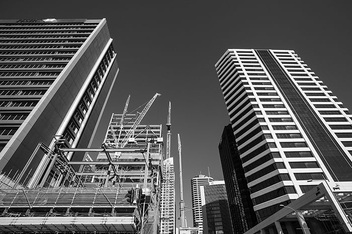 Black and white photo of skyscrapers