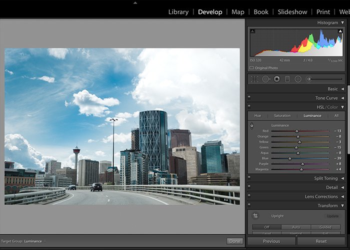 Screenshot of editing sky in Lightroom