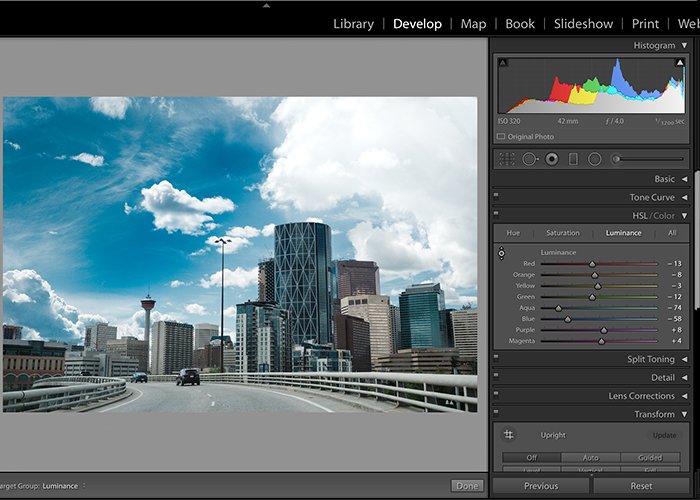 Screenshot of editing sky in Lightroom