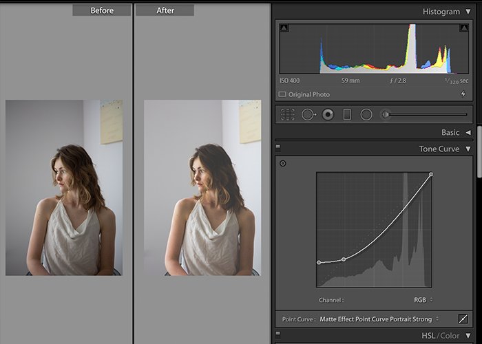 Screenshot of editing a photo in Lightroom - matte effect