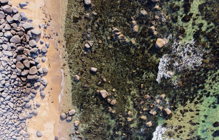 Aerial view of a rocky beach 