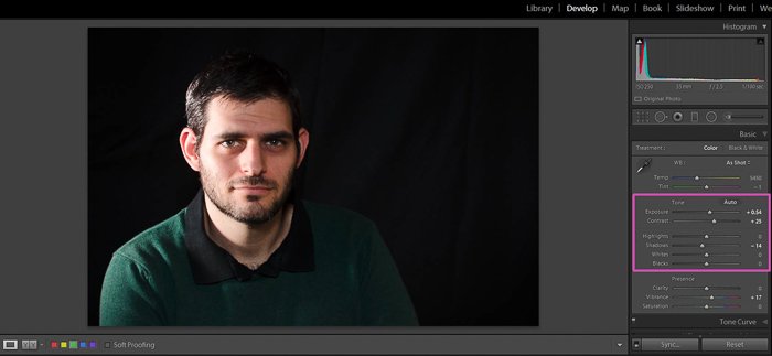 Editing a portrait photo of a man in Lightroom