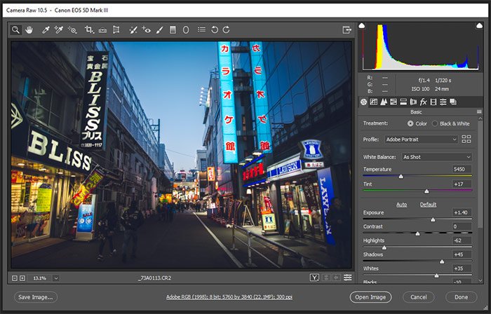 a screenshot showing editing with Adobe Camera Raw