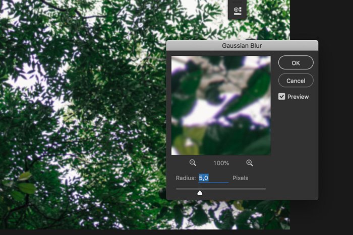 a screenshot showing how to apply Gaussian blur in Photoshop to remove chromatic aberration