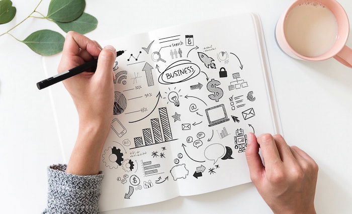 overhead view of a person writing a photography business plan